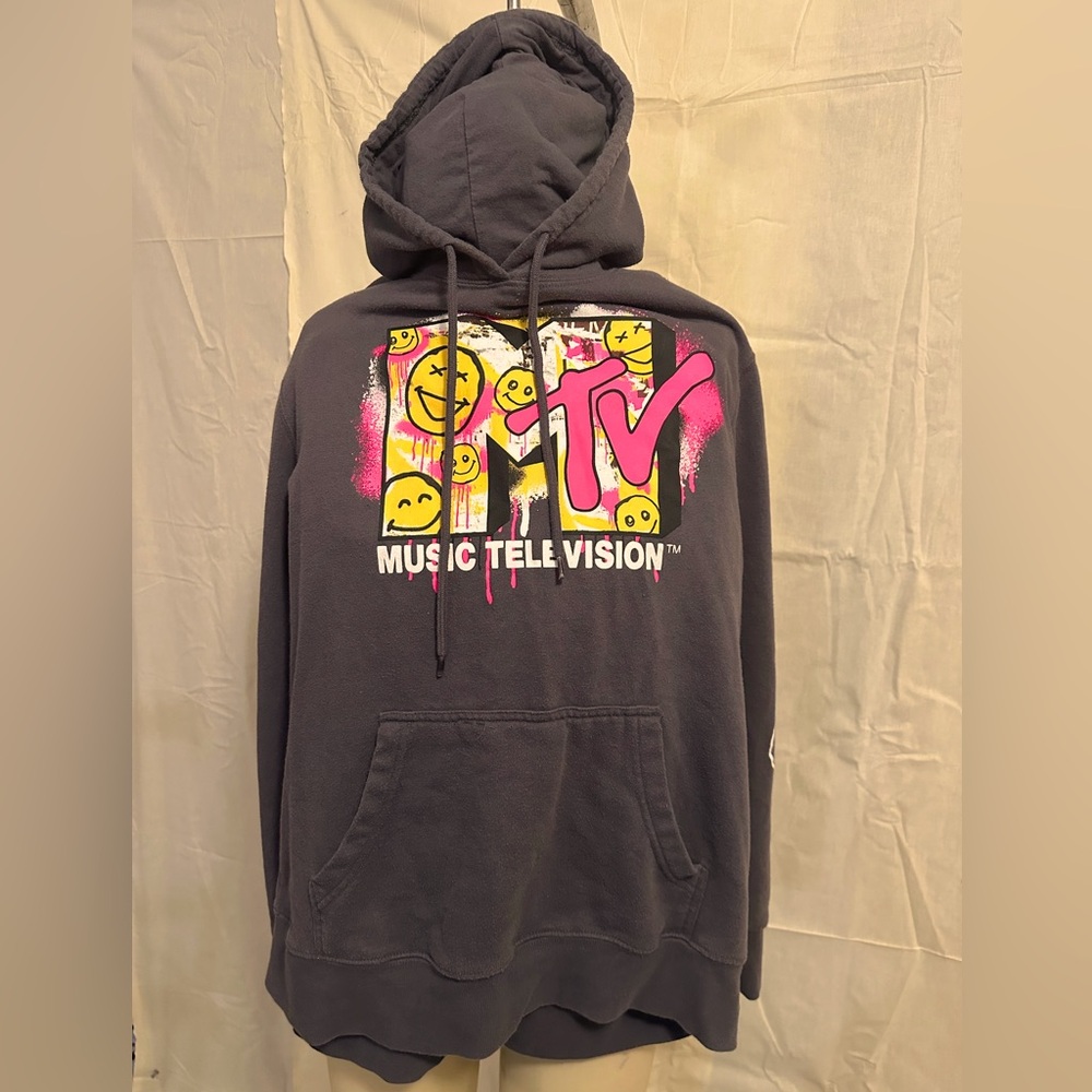 MTV Smiley Graffiti Hoodie Black Sz L